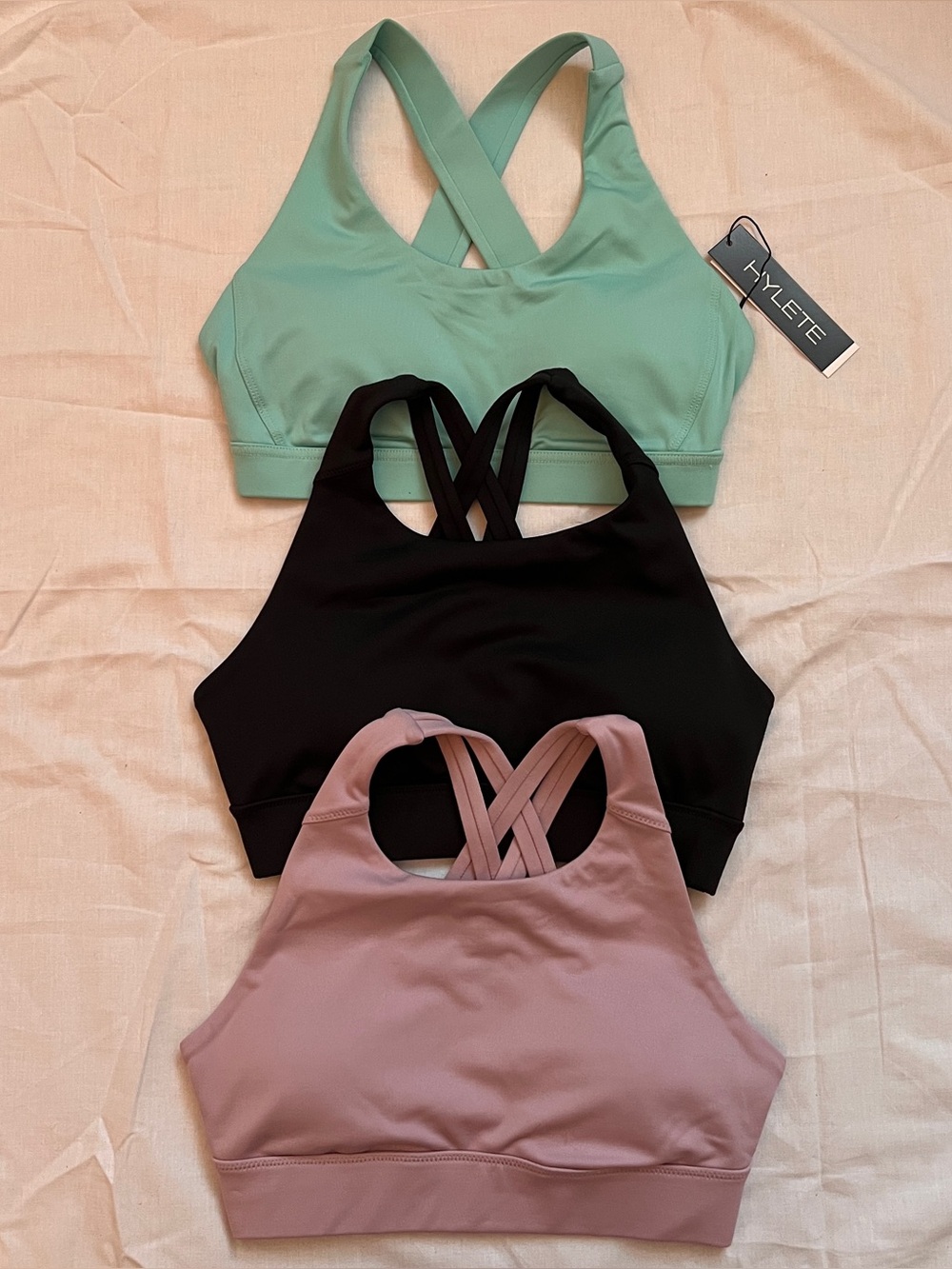 Bundle 3 Hylete New Strappy Crossback Sports Bra - Mint, Black,Mauve Print sz S
